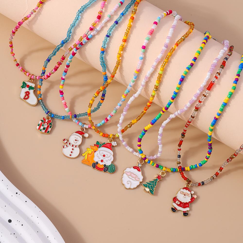 1/7pcs Christmas Necklaces for Women Girls X'mas Tree Santa Claus Snowman Beads Necklace Pendant New Year Jewelry Gift