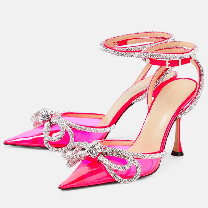 European and American bow rhinestone high-heeled sandals transparent pointed thin heel bag head high-heeled shoes fashionable and versatile customizat