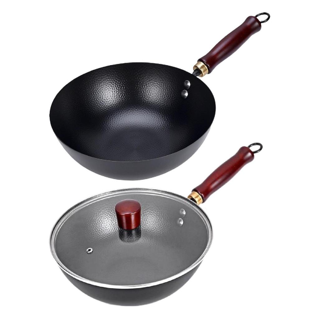 Iron Wok Suitable for All Stoves Pot Cookware Cooking Round Bottom with Wooden Handle Non Coated Rustproof Kitchen Nonstick
