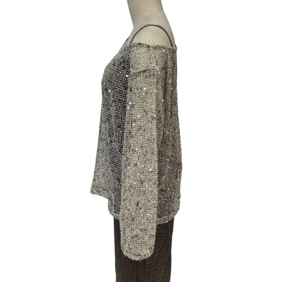 Women Tops Sparkling Sequin Detail Round Neck Long Sleeve Loose Fit Pullover Tops Office Vacation Party Wear