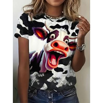Plus Size Funny Cow Print T-shirt Casual Short Sleeve Crew Neck Top for Summer Women Plus Size Clothing Quick Drying Breathable