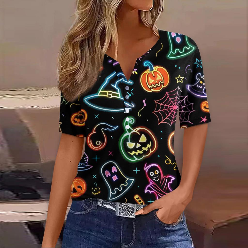 Dames T-skjorte Tee Halloween Trykket Knapp Kortermet Tunika Daglig Helgemote Basic V-hals Vanlig Topp