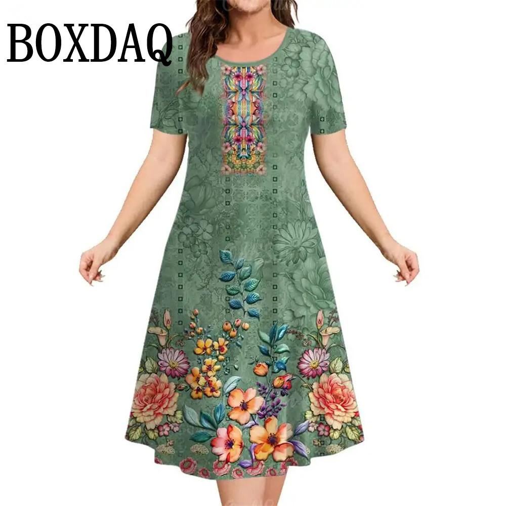 

Летняя одежда с коротким рукавом, красочные принты, женские платья 2025 года, повседневная мода, свободный пуловер больших размеров, элегантное платье для женщин 5XL