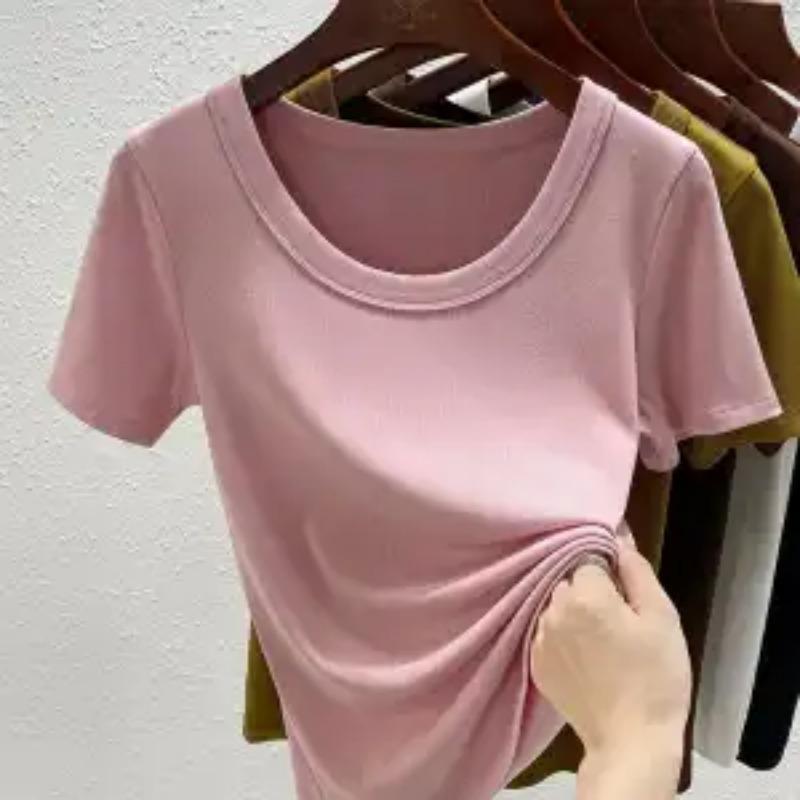 Womens Solid Color U-Neck Short Sleeve Fitted T-Shirt