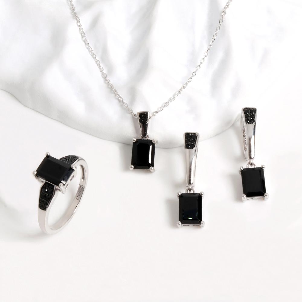 Gorgeous Noble Perseverance Natural Black Spinel Precious Gems Ring Earrings Necklace Jewelry Set S925 Silver Birthday Gift