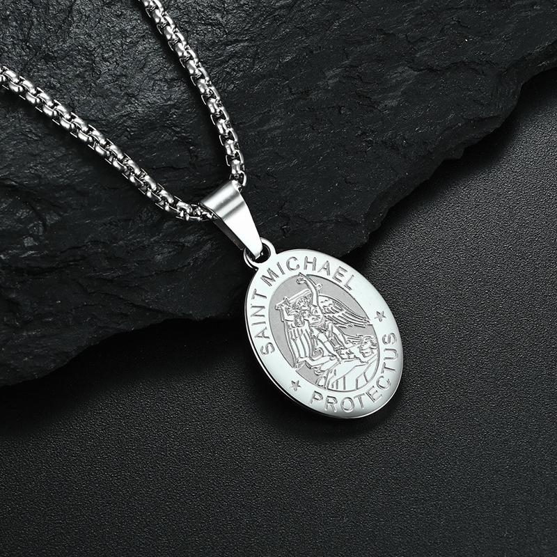 Stainless Steel Saint Michael Necklace Medal for Men Boys, St Michael Pendant Medallion with Chain 24 Inches серебряный