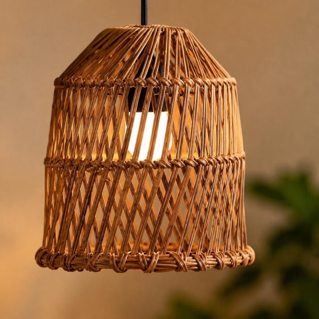 Handwoven Rattan Pendant Lamp Shade Vintage Style Decorative Lighting Fixture Cover for Ceiling Lights Rustic Bohemian Design