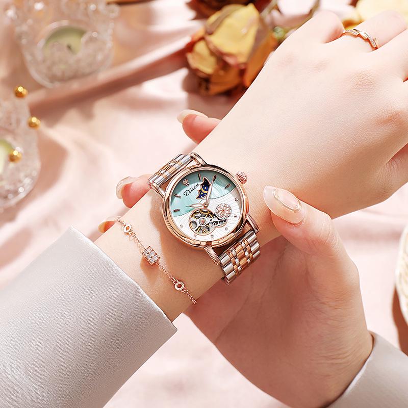 Genuine Automatic Mechanical Waterproof Watch for Women - Trendy Multi-Functional with Day, Date, Month, Year, and Starry Design.