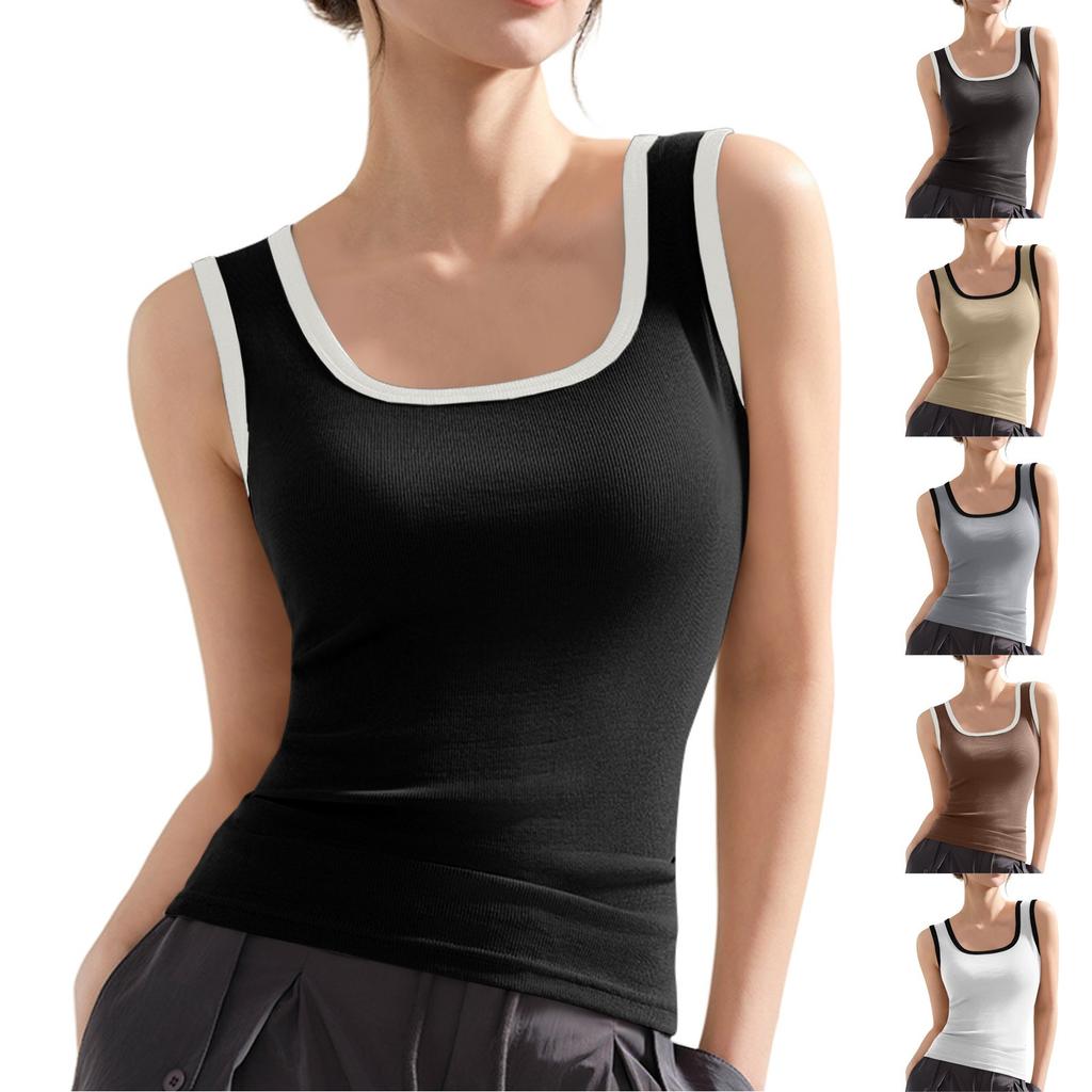 Women's Fashion Solid Color T-shirt Contrast Color Stitching Vest