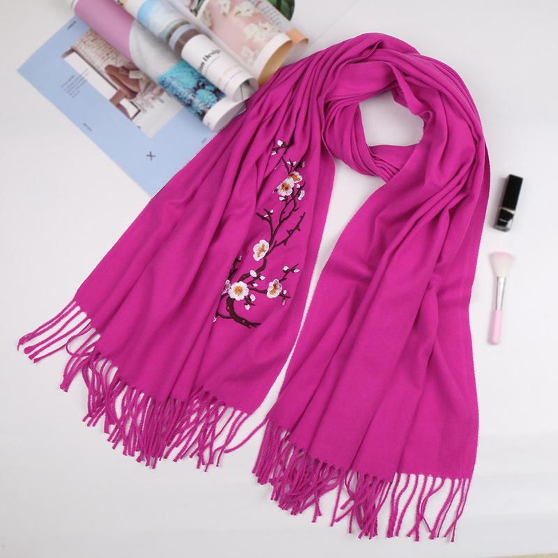 Autumn and winter new plum blossom wool scarf women's versatile tassel fashion flower warm solid color shawl women