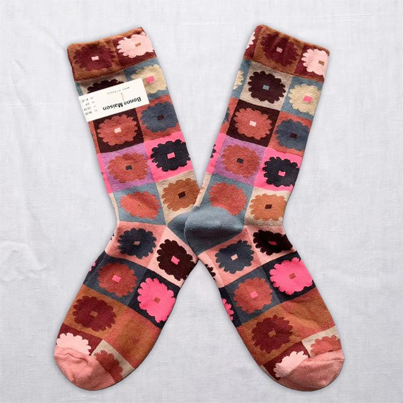 Bonne Maison Damen Kniehohe Bunte Fair Isle Retro Kunst Socken Size 35-38 brown