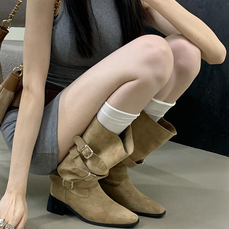 Winter Designer Pointed Toe Women Knee High Boots Fashion Belt Buckle Slip On Shoes Concise Thick Heel Knight Long Booties