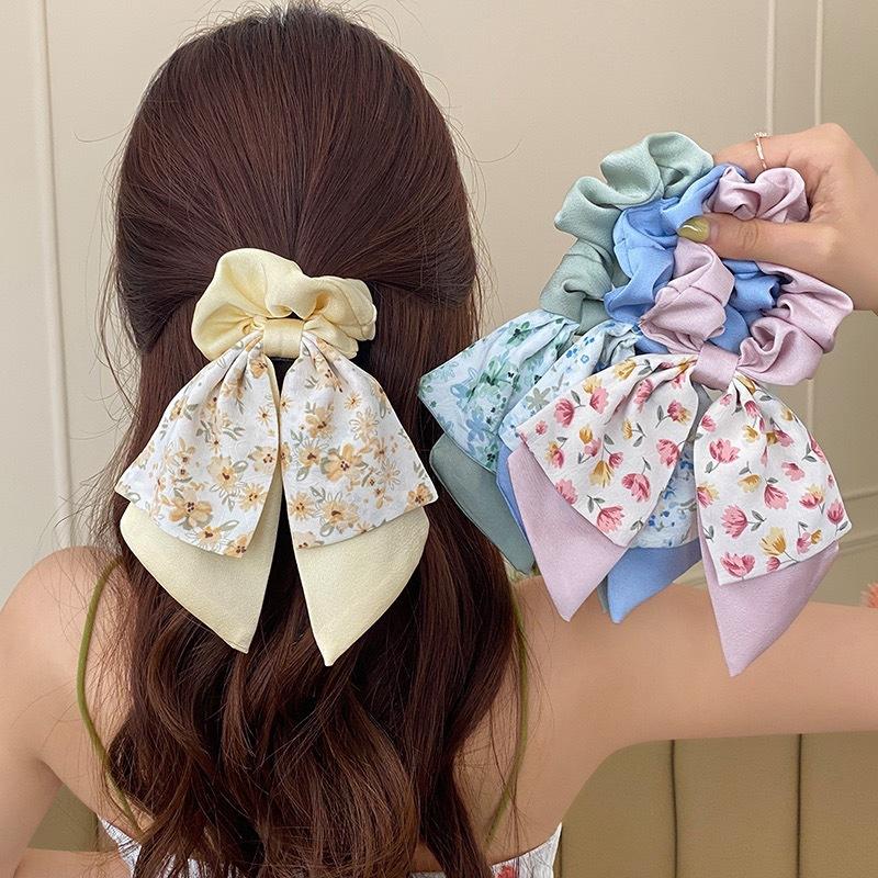 Korea Blumen Schleife Scrunchies für Frauen Satin Langes Band Pferdeschwanz Schal Mädchen Haargummis Druck Elastische Haarbänder Accessoires