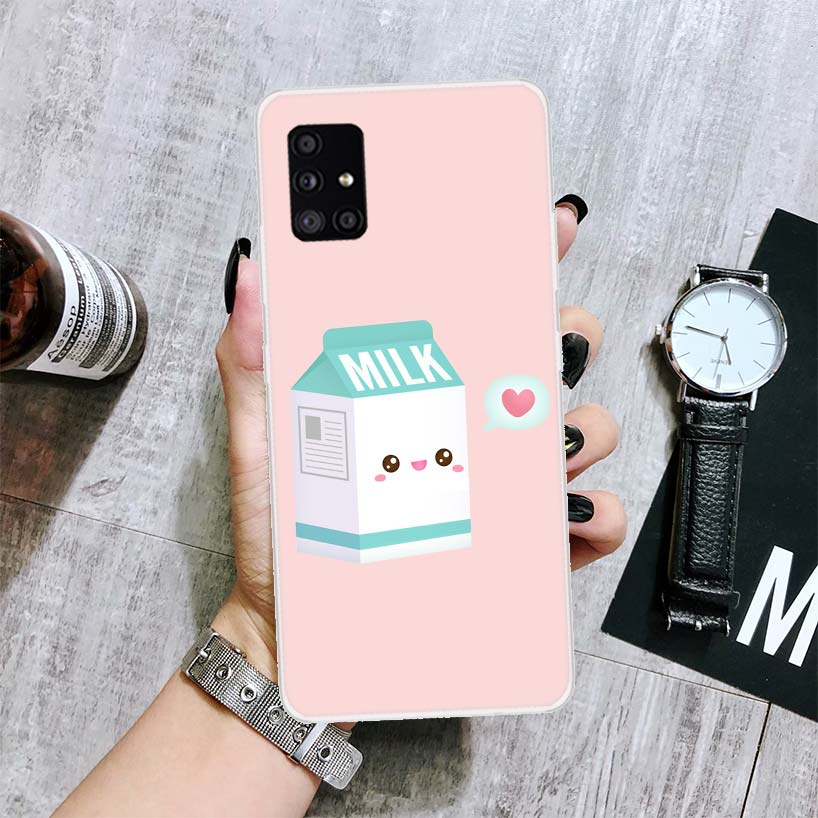 Kawaii Japanese Strawberry Milk Box Phone Case For Samsung Galaxy A14 A15 A13 A12 A54 A55 A53 A52 A04S A24 A25 A23 A22 A34 A35 A
