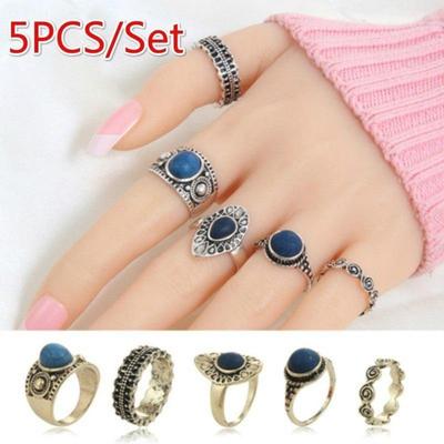 Moda Verão Feminina Retrô Onda Safira Conjunto Completo Anel Anel Nuvem Étnica Conjuntos de Joias de 5 Anéis Acessórios Presentes Criativos Decoração