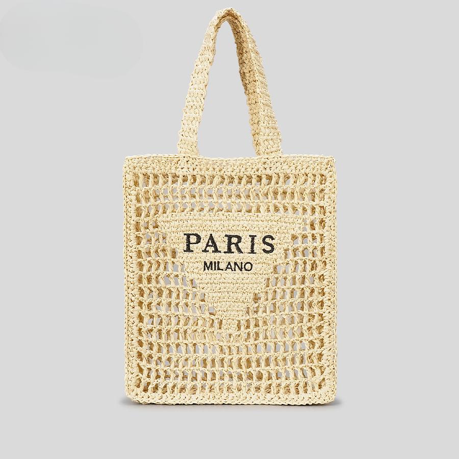 Pure Handmade Woven Handbag Women's Rustic Style Hollow Embroidery Letters Straw Bag Large Capacity Shoulder Bag