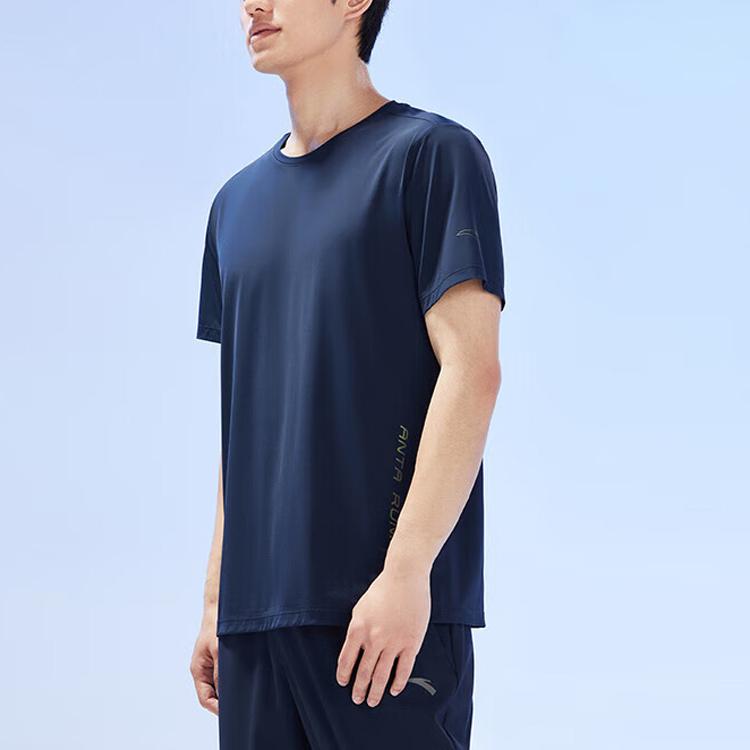 Anta Running Series Solid Color Logo Lettering Round Neck Pullover Short Sleeve T-Shirt Men Tops Midnight-Blue 152325109-5