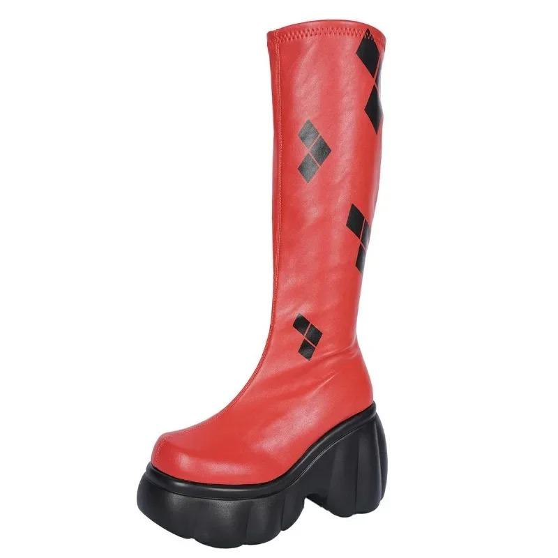 Fashion 11CM Women Punk Style Autumn Chunky Platform High Boot Party Shoes Ladies Black Red Mixed Thick Heels Elastic Knee High Boots