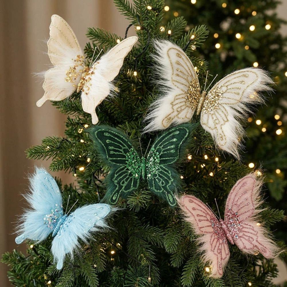 Clip-On Christmas Butterfly Ornaments Flocking Finish Xmas Butterfly Clip Decor Holiday Party