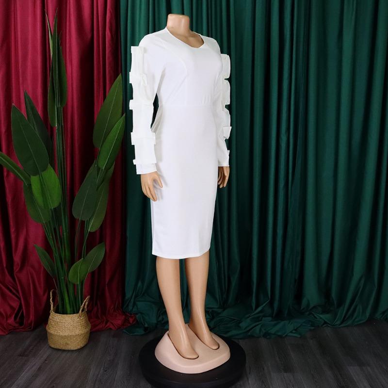 Plus Size Women Elegant Long Sleeve High Waist Solid Pencil Midi Dress