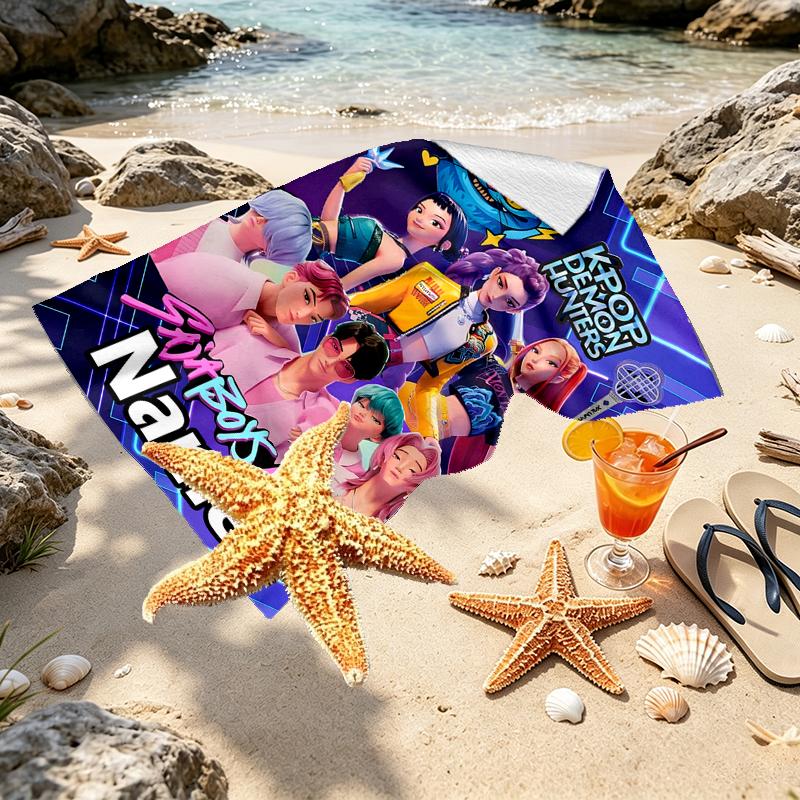 Custom Name Personalized KPop Demon Hunters Print Beach Towel, for Trip Camping Beach Party Home Decor, Birthday Gift for Family & Friends