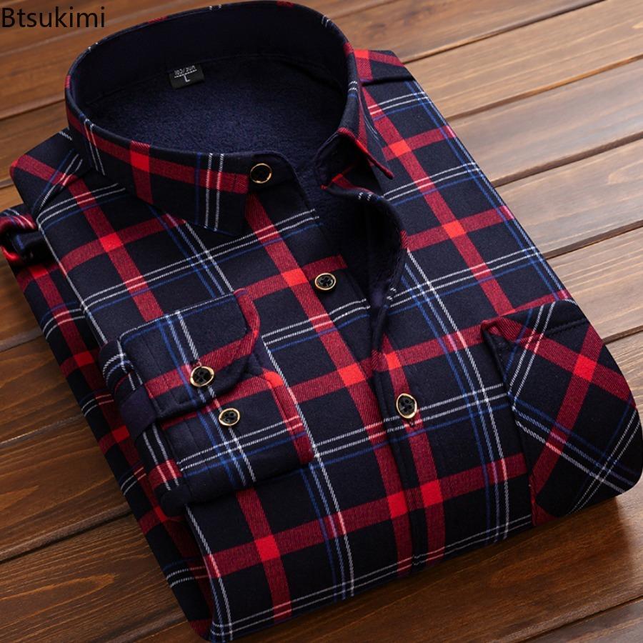 Cămașă Bărbați Flanel 2026 Toamnă Iarnă Masculin Mânecă Lungă Cămașă cu Pled Gros Căptușeală Polar Moale Casual Flanel Călduros Cămașă Elegantă Masculin