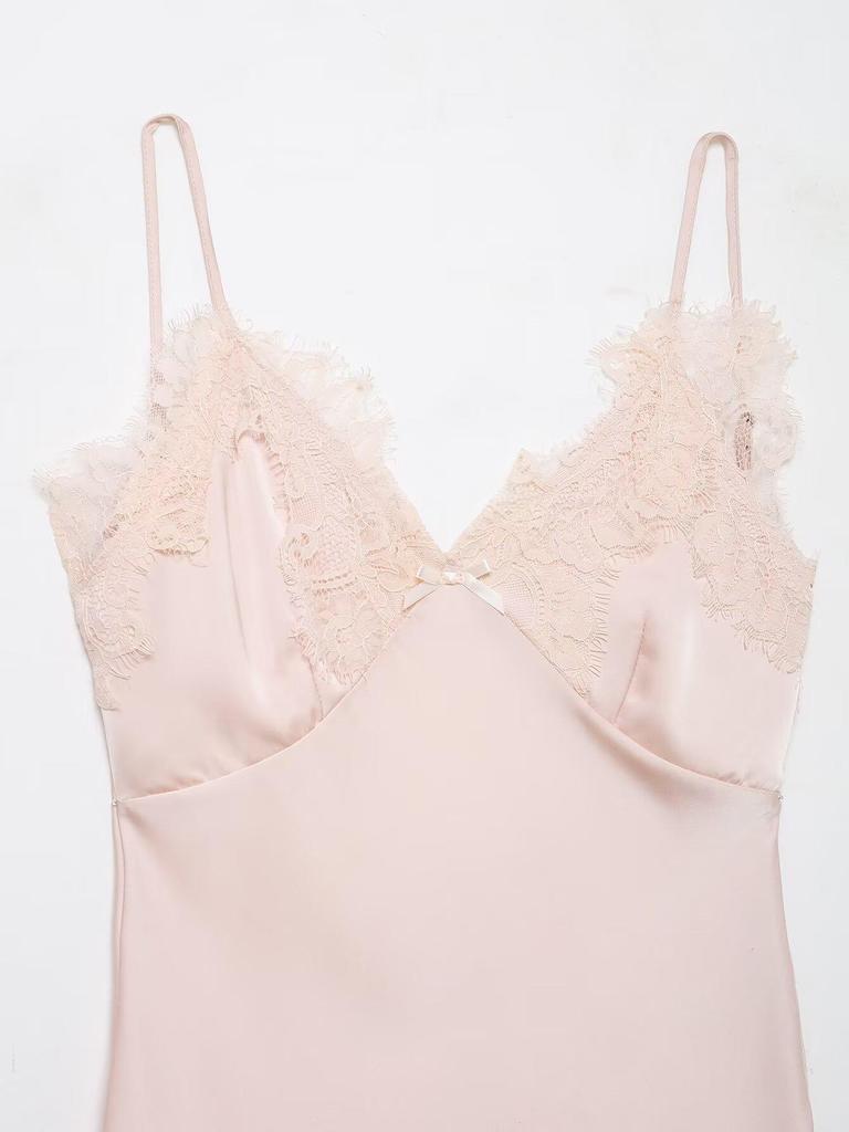 2026 European Style Women's Lace Patchwork Silk Camisole Dress