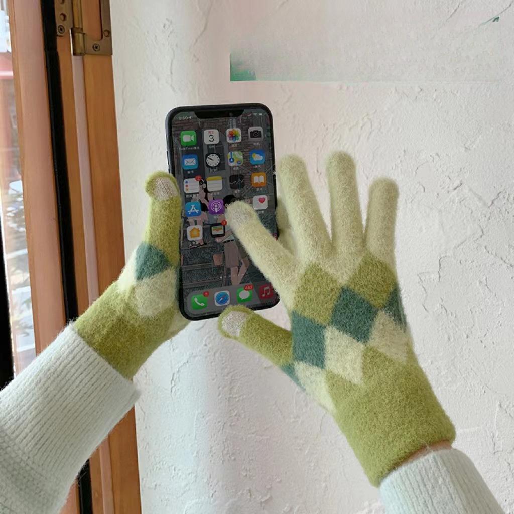 

Шерстяные теплые перчатки для женщин на осень и зиму, с сенсорным экраном, для велоспорта, милые зимние, для студентов, пятипалые, с плюшевой подкладкой, вязаные One size