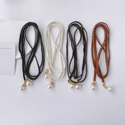 Pearl Waist Chain Elegant Vintage Imitation Leather Slim Belt with Knot for Women for Party Dresses Pants