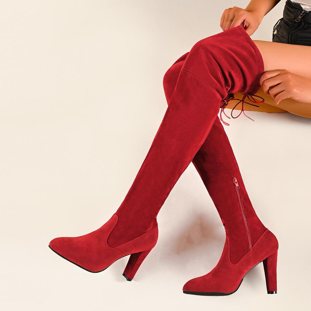 Fashion Women Boot Faux Suede Women Over The Knee Boots Lace Up Sexy High Heels Shoes Woman Female Autumn Solid Slim Thigh High Botas