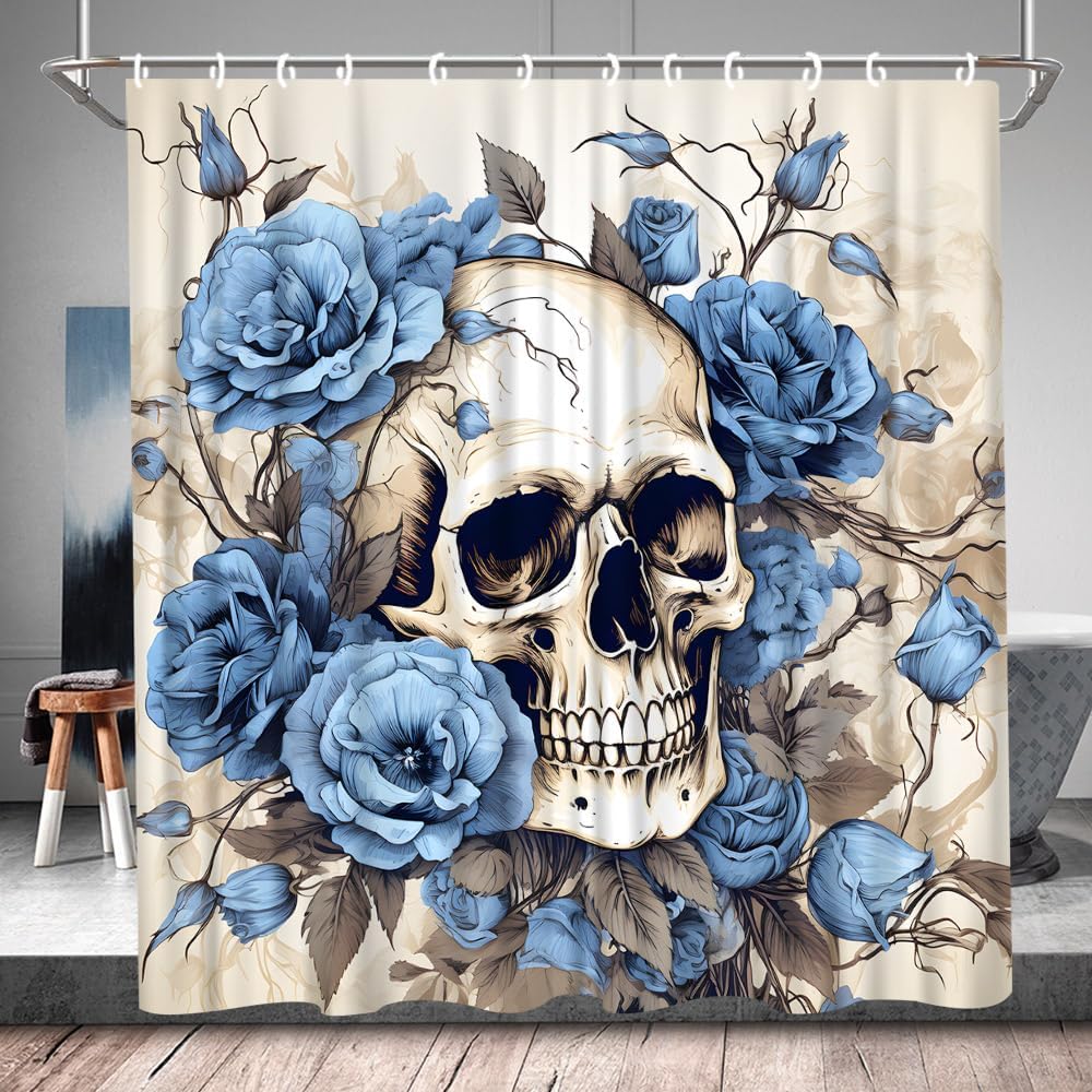 Skull Floral Shower Curtain Halloween Gothic Skeleton Blue Rose Flower All Saints Day Home Vintage Fashion Fall Decor Fabric