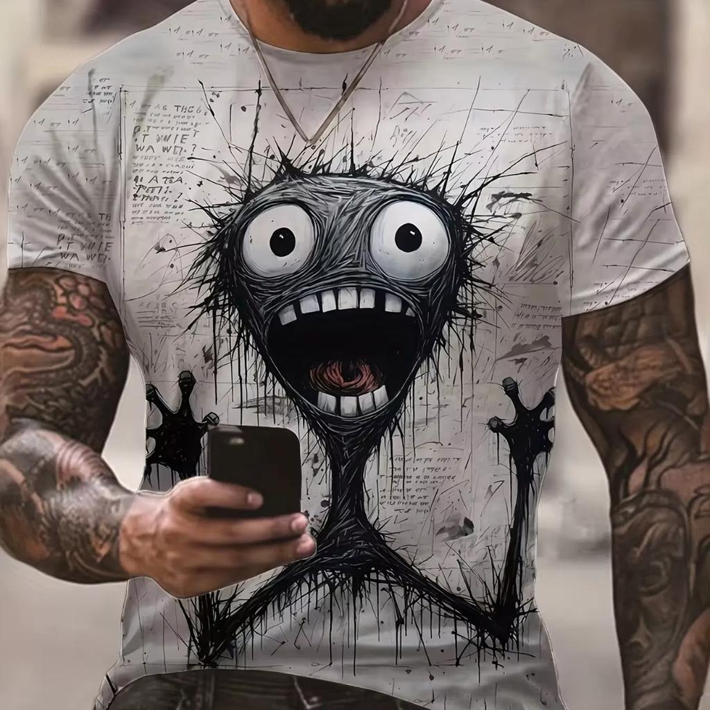 Men's Monster Graphic Print Short Sleeve Crew Neck Tee, Men's Clothing For Summer Soft Slight Stretch Polyester Blend Fabric