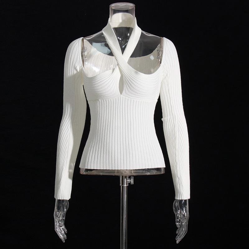 

Летний тренд 2025 года: Off-Shoulder Halter Knitted T-Shirt for Women One size белый