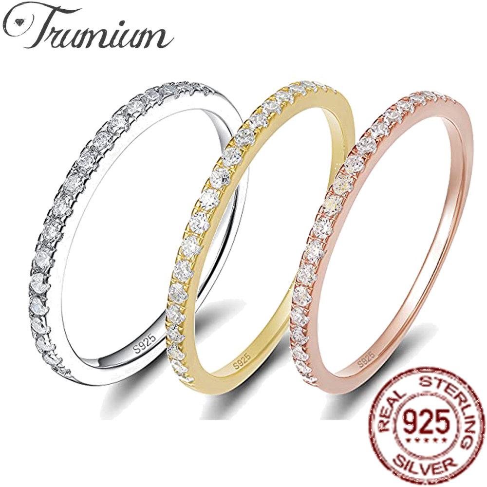 Trumium 2mm 925 Silver Rings For Women Zircon Inlaid Half Eternity Stacktable Ring Fine Jewelry for Wedding Anniversary