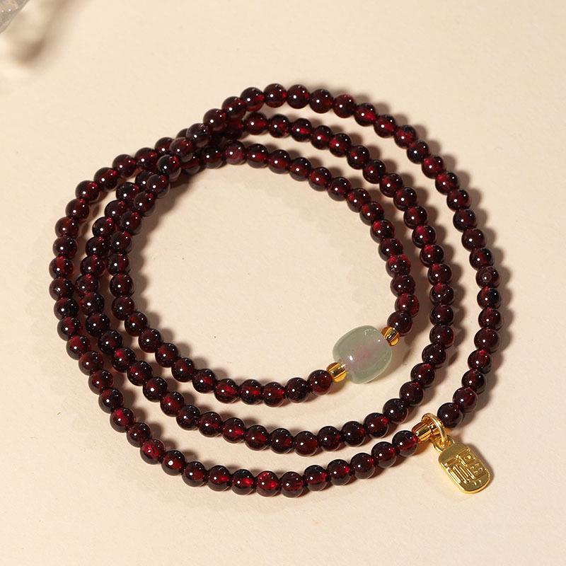 Exquisite Women's Garnet & Hetian Jade Three-Circle Lucky Bead Bracelet