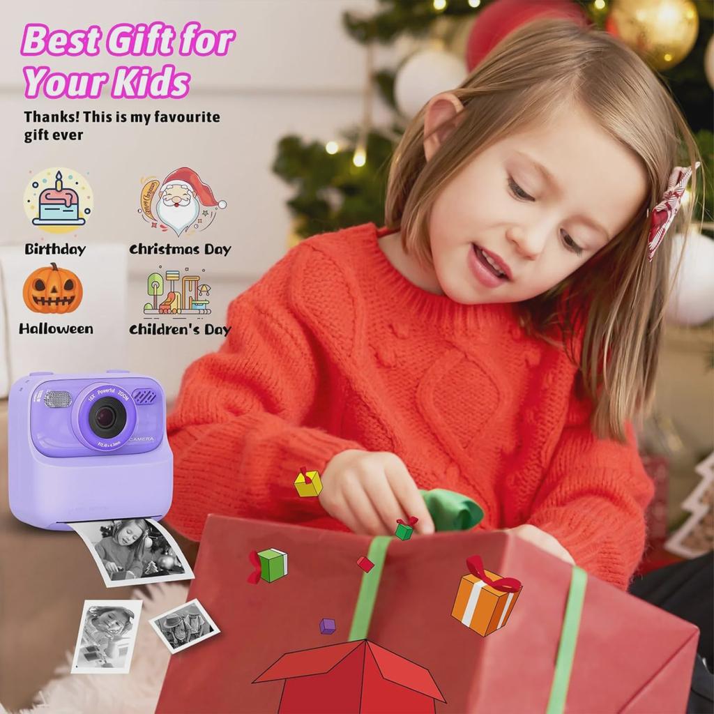 Kids Instant Print Camera 1080p Hd Dual Lens Selfie Camera With Flash 3 Rolls Paper 2.0