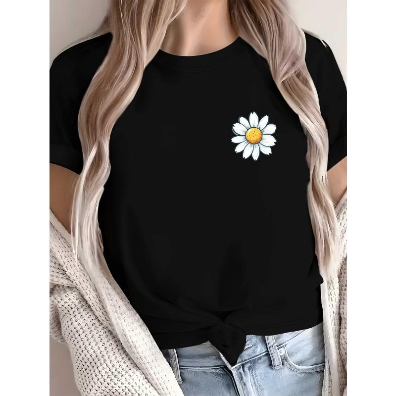 

European Size Women s Pure Oversized White T-Shirt with Large White Daisy Flower & Black Short Sleeve - Soft Casual Short Sleeve Round Neck Top 4XL
