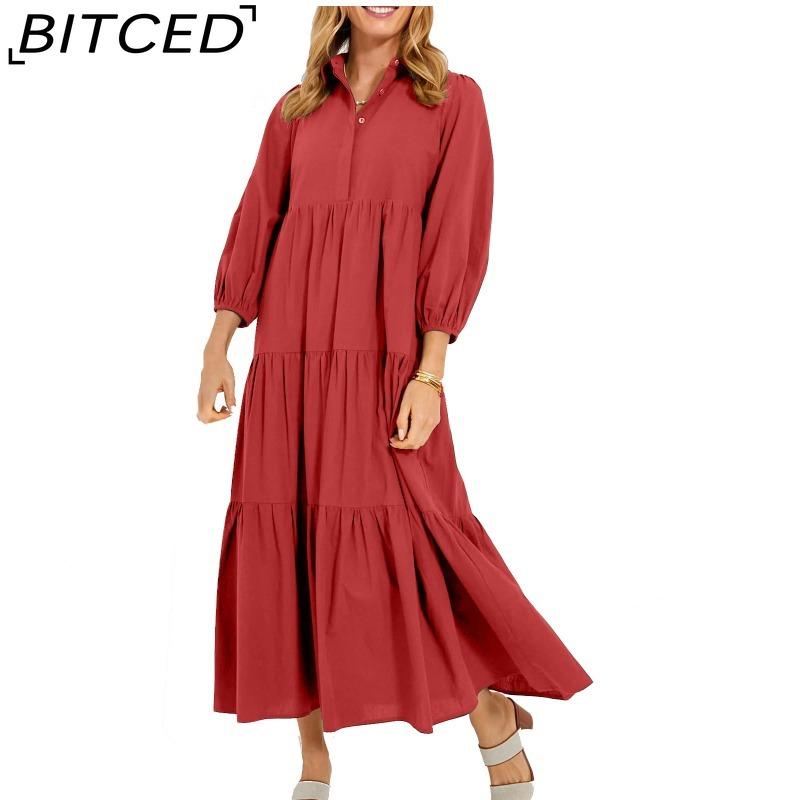 BITCED Women's Fashion Spring Autumn Solid Color Print Long Sleeve POLO Neck High Waist Casual Dresses
