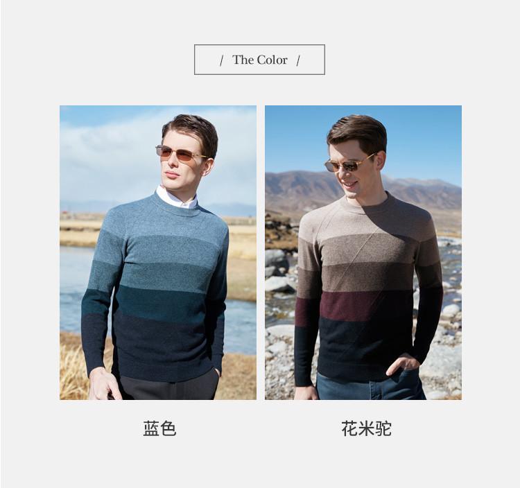 100% Sheepskin & Thick Jacquard Cross Color Striped Round Neck Woolen Sweater for Men's Autumn/Winter Warmth Sweater