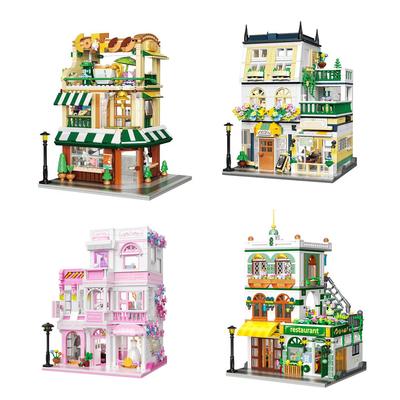 Briques de construction Vue de rue de ville Café Boutique de mariage Restaurant Petit bloc Maison de café Jardin Hôtel Jouets Avec lumière Pour cadeau