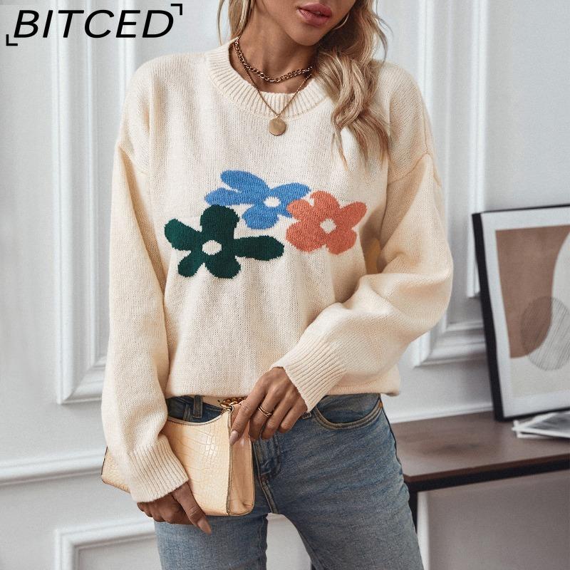BITCED Floral Sweater Women's Fall/Winter Oversized Fashion Casual O-Neck Knit Top