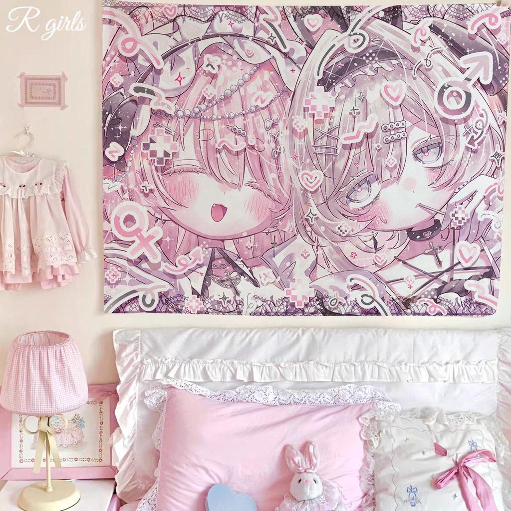 Kawaii Anime Pink Girl Tapestry Wall Hanging Decor Cute Fashion Lady Bedroom Background Home Decor Wall Tapestry