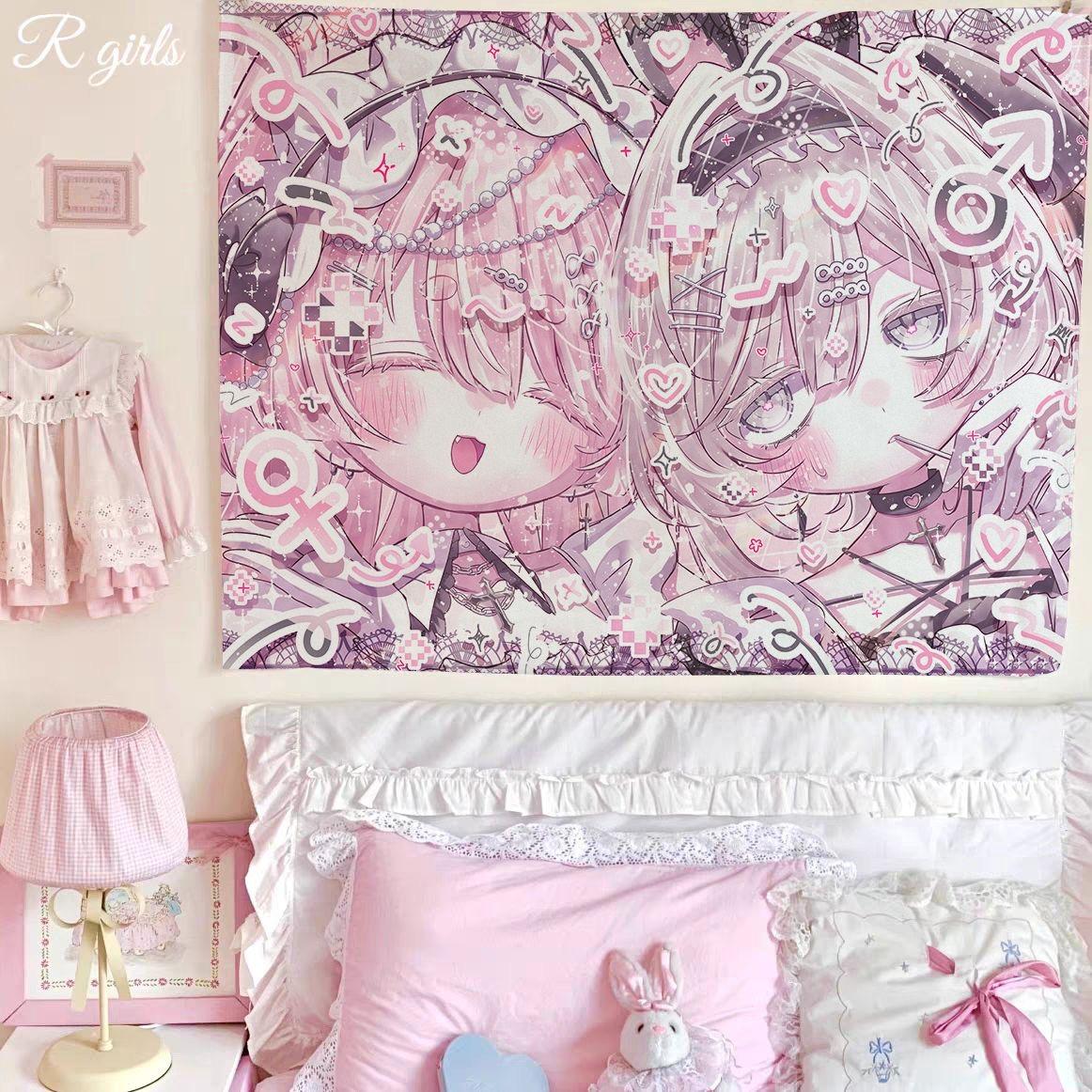 

Kawaii Anime Pink Girl Tapestry Home Decor Wall Hanging Bedroom Background Decor Cute Fashion Lady Tapestries for Living Room 74x94cm(29x37in)