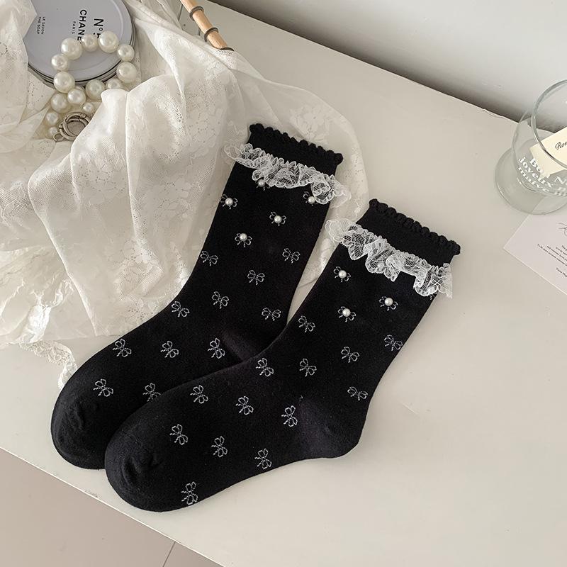 

Женские весенне-осенние милые кружевные кружевные носки с бусинами и бантом в балетном стиле без косточек, носки-гольфы 1 pair чёрный