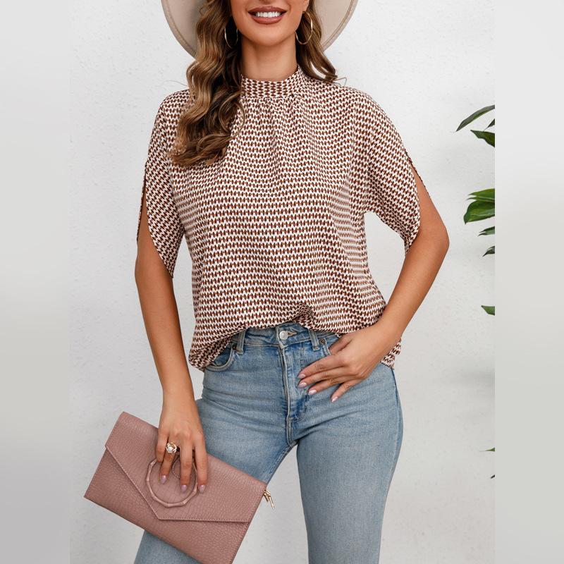 Women S Geometric Print Stand Collar Short Sleeve Casual Blouse S