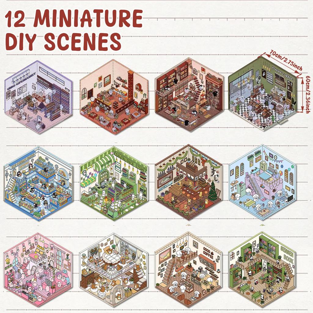 Pegatinas 3D para Casa DIY Lindas Versátiles Pequeña Casa Escena de Casa Pegatinas Reutilizables Pegatinas de Escena de Dibujos Animados Seguras Miniatura 3D