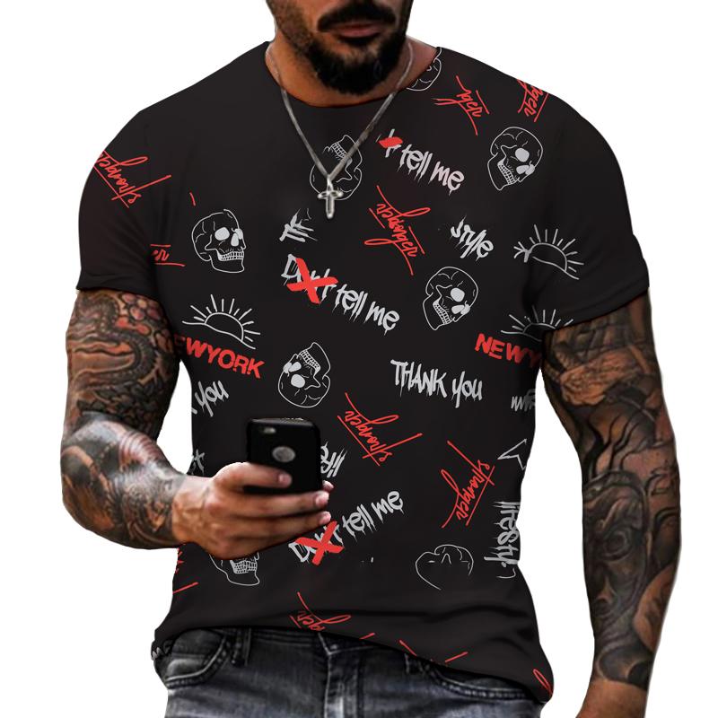 Men's Urban Streetwear Graffiti T-Shirt, Black White Gold Letter Print O-Neck Short Sleeve Casual Daily Tops