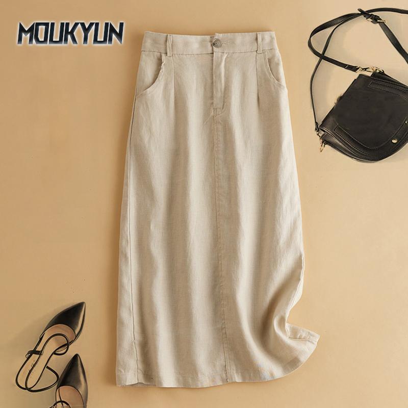 Women Retro Natural Linen Long Skirt Ladies Office Daily Straight Skirt With Pockets