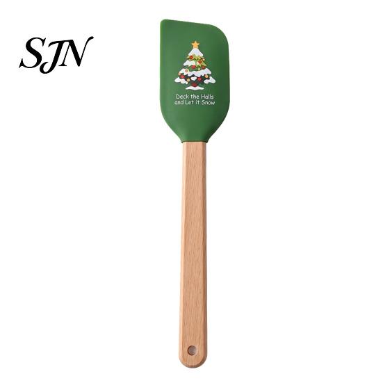 Practical Christmas Gifts for Bakers Silicone Spatula with Wooden Handle, Tree/Snowman/Santa Claus/Elk Pattern Hanging Hole Decor, Heat Resistant