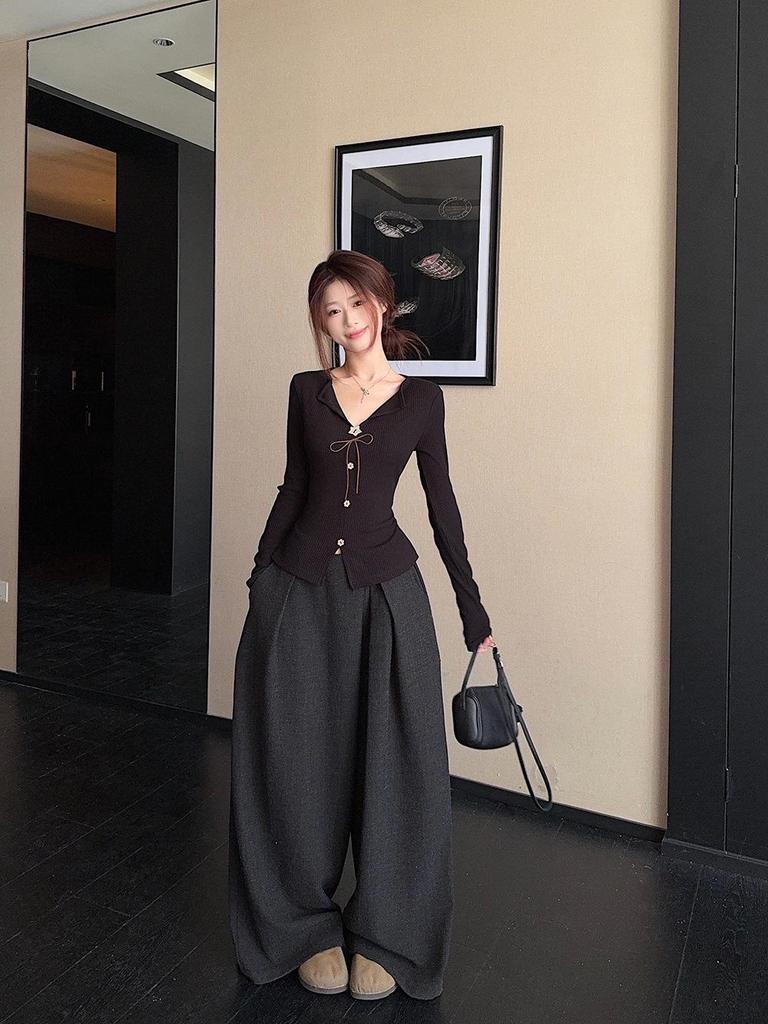 Retro Bow V-Neck Long-Sleeve Women's Slimming Top - 2025 Autumn Collection